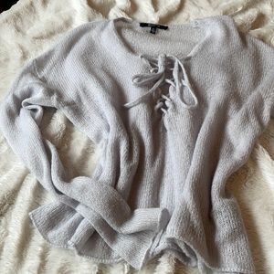 Express Lace-Up V-Neck Knit Sweater - Light Gray
